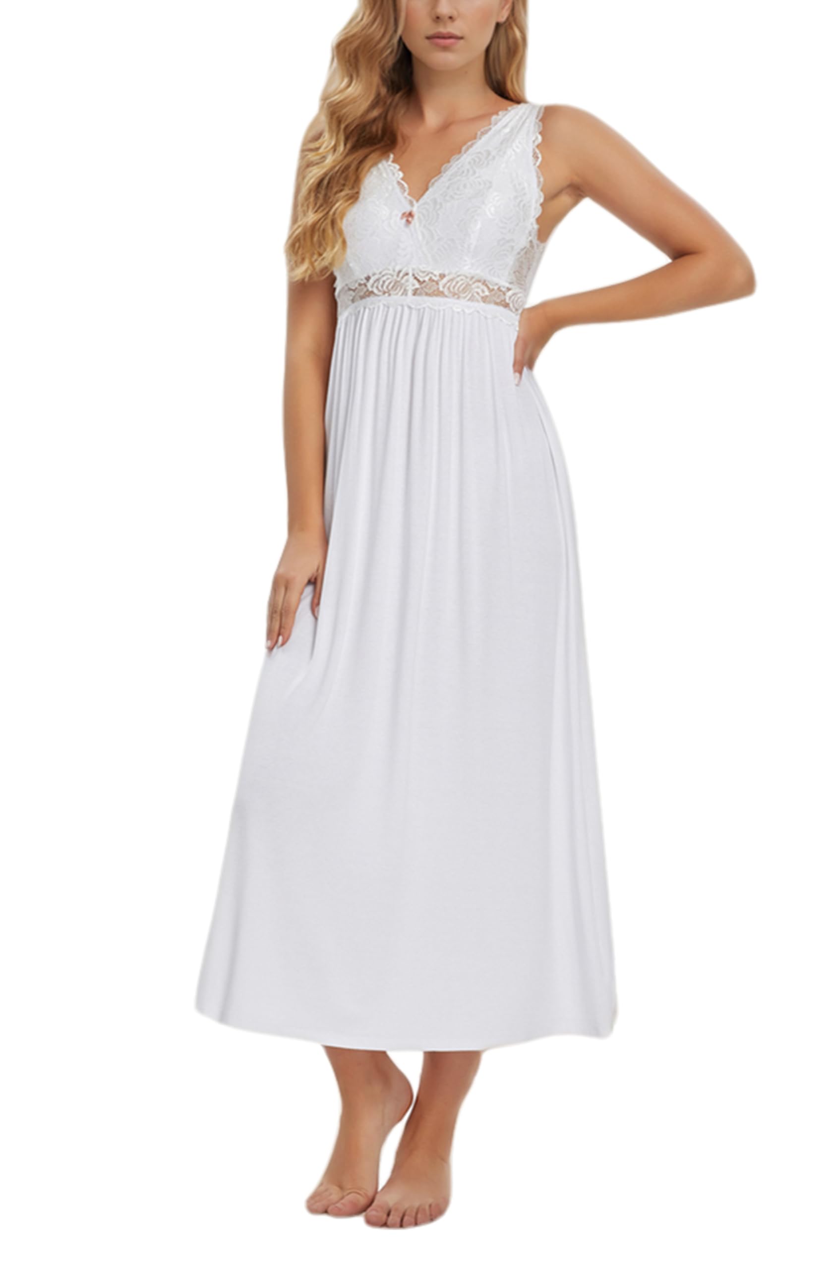 Alcea Rosea Women's White Long Lace Nightdresses V Neck Sexy Chemise Nighties Strap Nightgown Elegant For S-Xxxl (, S)