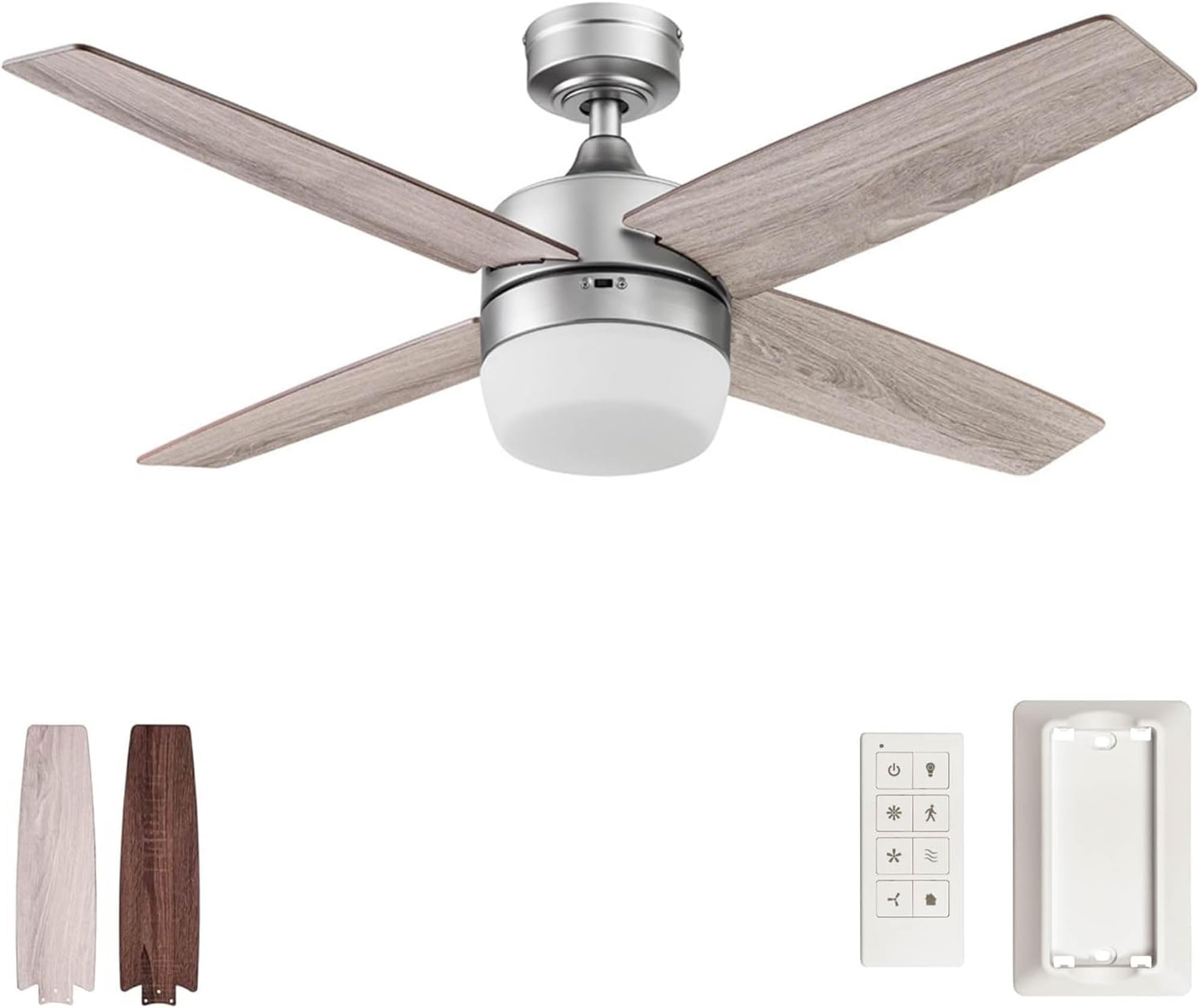 Atlas 44 Inch Modern Indoor LED Ceiling Fan with Light, Remote Control, Reversible Motor, and 4 Dual Finish Blades, Pewter