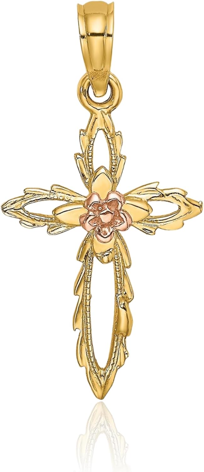 IceCarats 14K Solid Two Tone Gold Medium Cross Flower Pendant Necklace 24mm 0.9 inch Polished, Textured For Her