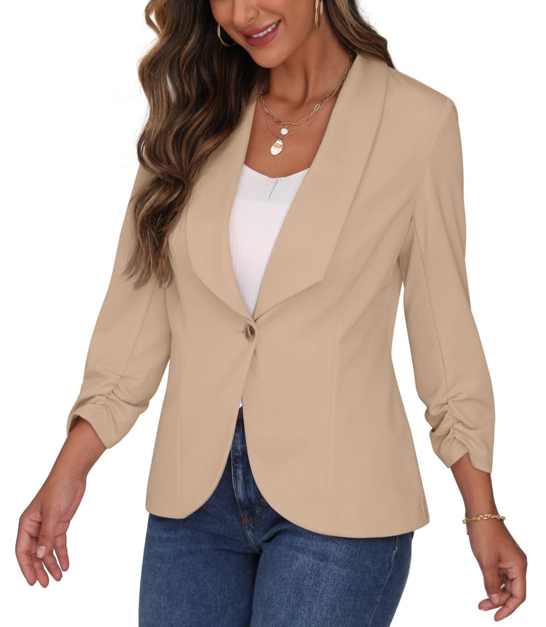 PrinStory Blazer pour femme, col à revers, manches 3/4, froncées, veste de costume, cardigan à un bouton, blazer court, tenue décontractée pour le bureau