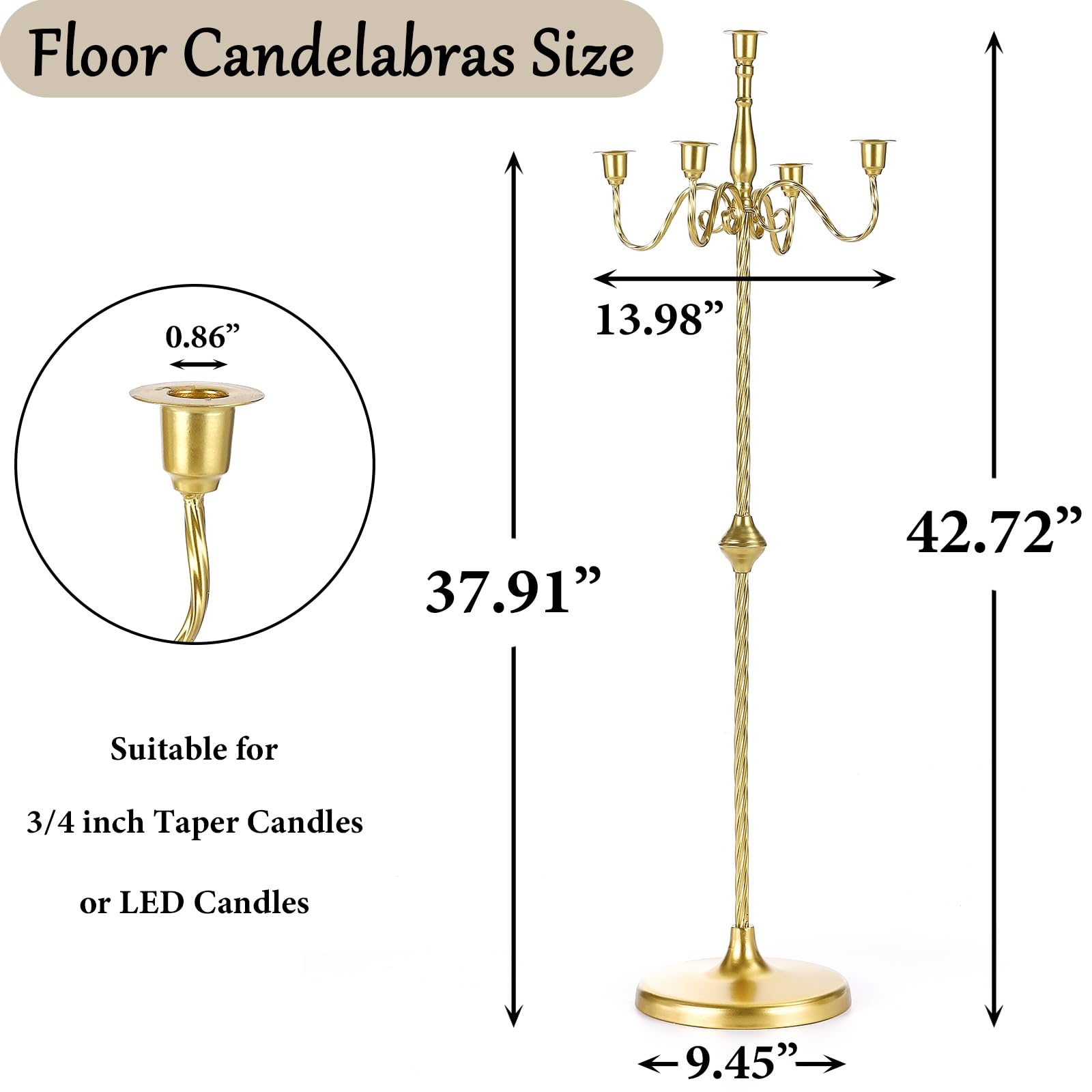 Candelabro de suelo de 42.75 pulgadas, 2 portavelas dorados de 5 brazos, centro de mesa alto para velas cónicas, candelabros de pie de metal para boda, fiesta de cumpleaños, decoración del