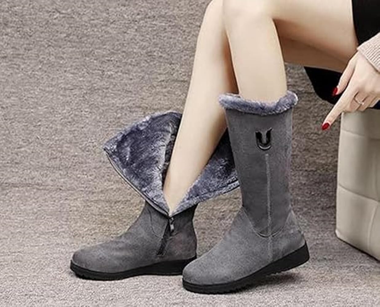 Winter Boots for Women Snow Comfortable Zipper Suede Warm Fur Lined Mid Calf Booties Non Slip Outdoor Womens Boot - Image 5