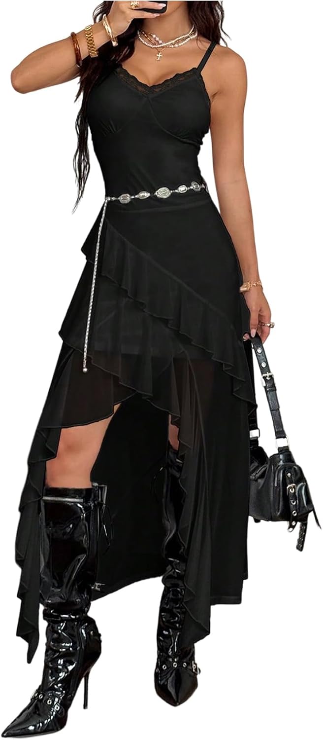 GORGLITTER Women's Lace Mesh Cowgirl Maxi Dress Summer Casual Y2K Asymmetrical Sleeveless Ruffle Sexy Going Out Dresses