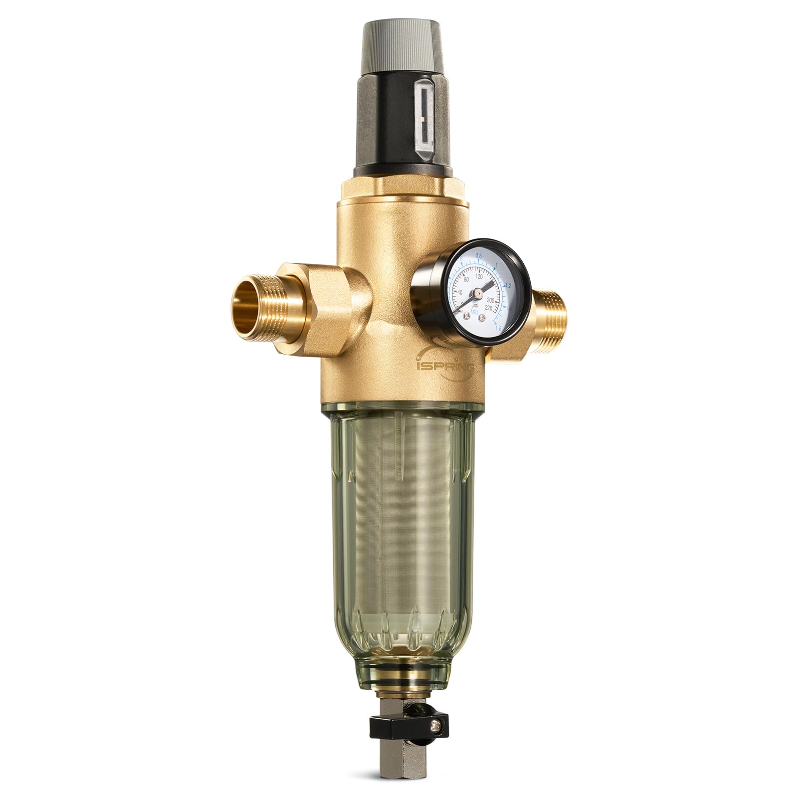 iSpring WSP50PRG Filtro de Sedimentos de 3/4''-1'' con Reductor de Presión, Filtro de Agua Reutilizable para Toda la Casa, Latón sin Plomo, Prefiltro de Filtración de 50 Micras