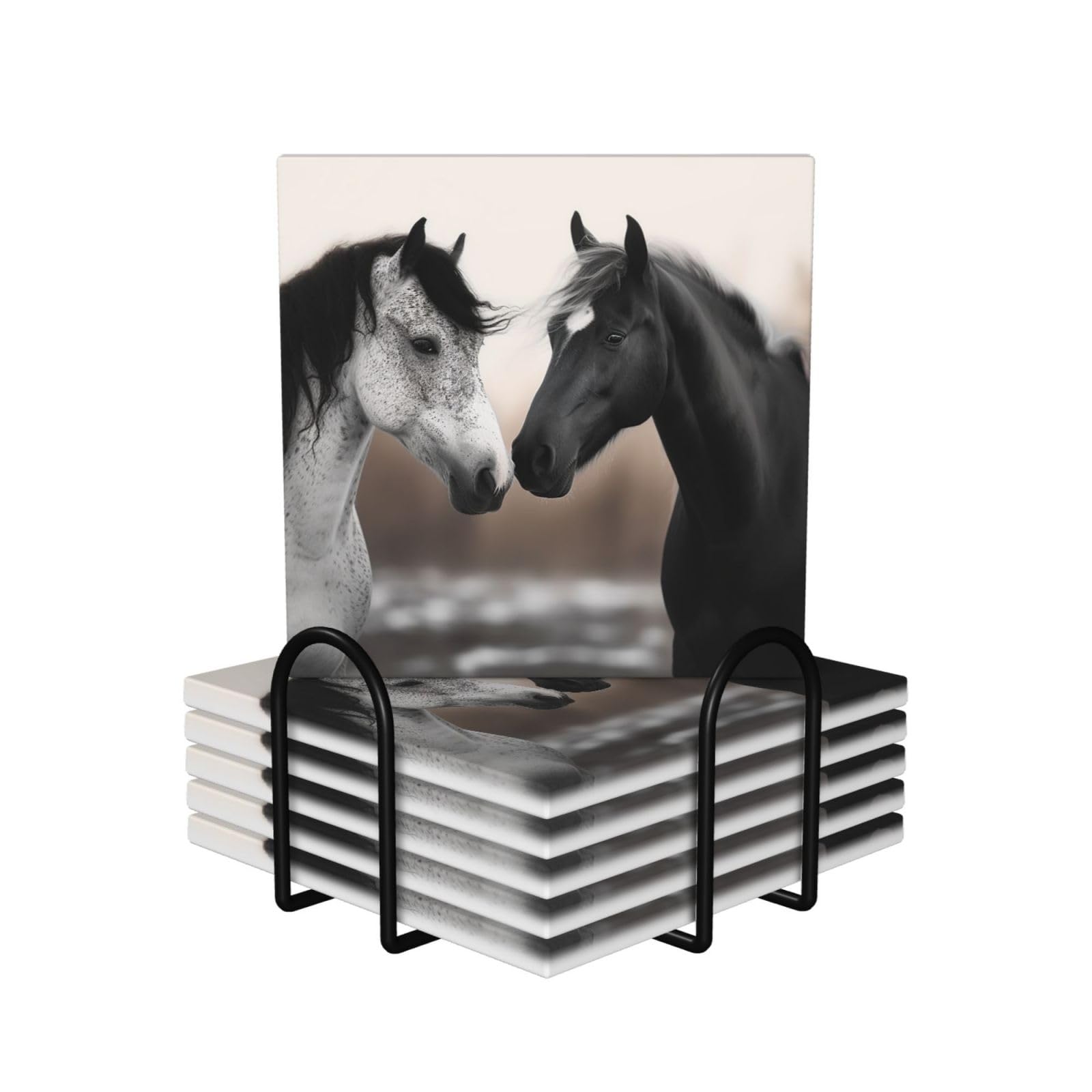 6Pcs Ceramics Coaster for Drinks, Black and White Horses Cup Coasters with Holder, Aesthetic Drink Coasters for Coffee Table, Absorbent Round Coaster for Tabletop Protection 4" Cup Mat Pad