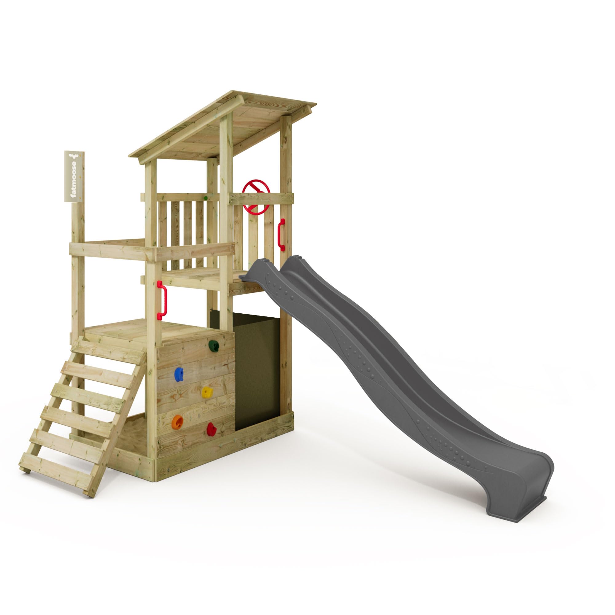 FATMOOSE Spielturm Klettergerüst FruityForest Fun XXL mit anthraziter Rutsche, Outdoor Kinder Kletterturm mit Sandkasten, Leiter & Spiel-Zubehör für den Garten