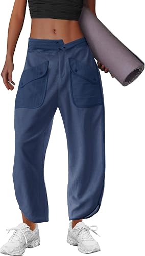 LAMISSCHE Womens Barrel Leg Lounge Pants Cargo Sweatpants with Pockets Navy
