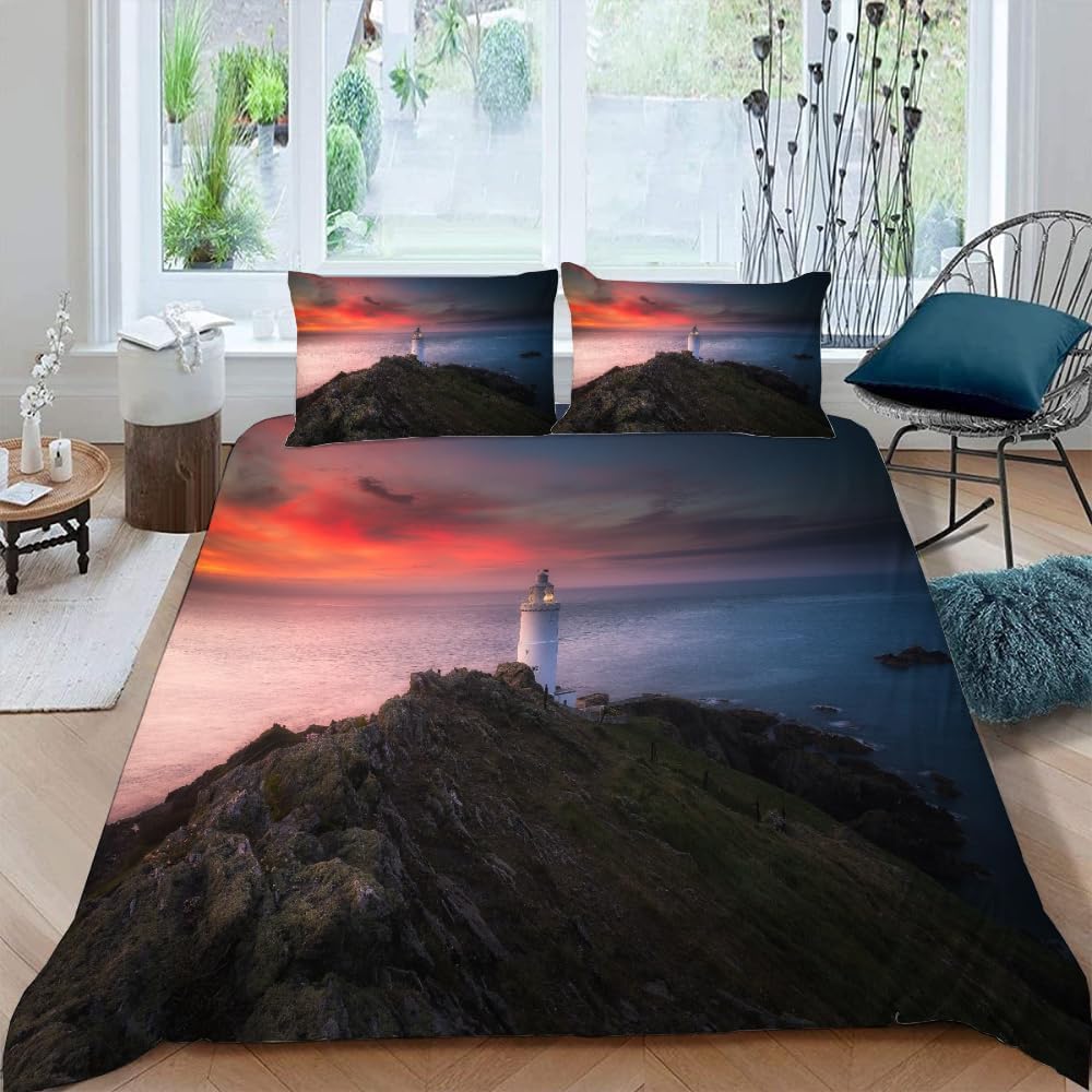 Parure de lit enfant 160x200 plage et phare avec housse de couette microfibre et 2 taies d'oreiller