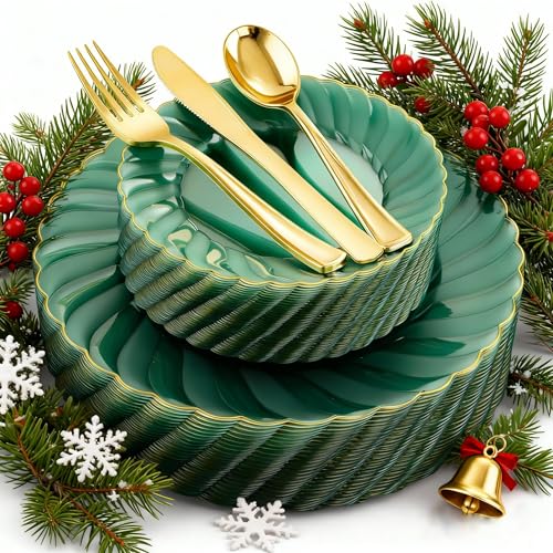 YOUBET 125PCS Clear Green Plastic Plates with Gold Rim - Green and Gold Plastic Plates Include 25 Dinner Plate 25 Dessert Plate 75 Disposable Silverwares for Wedding & Party & Christmas YOUBET 125PCS Clear Green Plastic Plates with Gold Rim - Green and Gold Plastic Plates Include 25 Dinner Plate 25 Dessert Plate 75 Disposable Silverwares for Wedding & Party & Christmas