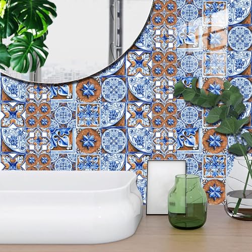 Papel pintado autoadhesivo azul y marrón de 15x15 cm para renovar azulejos de cocina 5