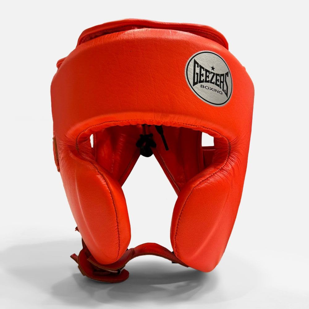 Geezers Boxing Elite Pro 2.0 Sparring Cheek head-guard, Ultra-durable Leather Material, layered padding protection Headguard for Boxing, MMA & Martial Arts, Men and women’s (Lumi Orange, Small)