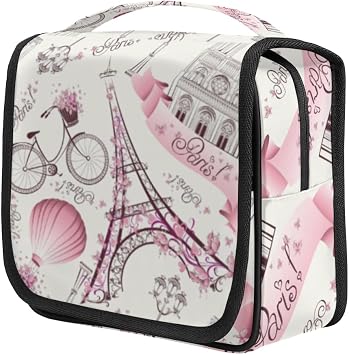 AUUXVA Hanging Toiletry Bag for Women, Paris Eiffel Tower Makeup Bag, Floral Flower Cosmetic Bag, Travel Essentials for Women Men