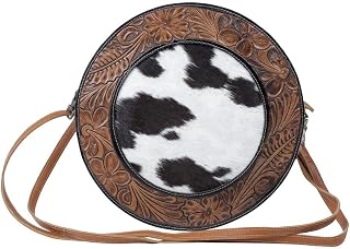 Roundle Round Bag, S-4945 - Western Cowhide Leather Crossbody Bags with Floral Tooled Design for Women, Shoulder Handbags, Womens Cross Body Purse, Gift for Mom, Sister, Best Friend