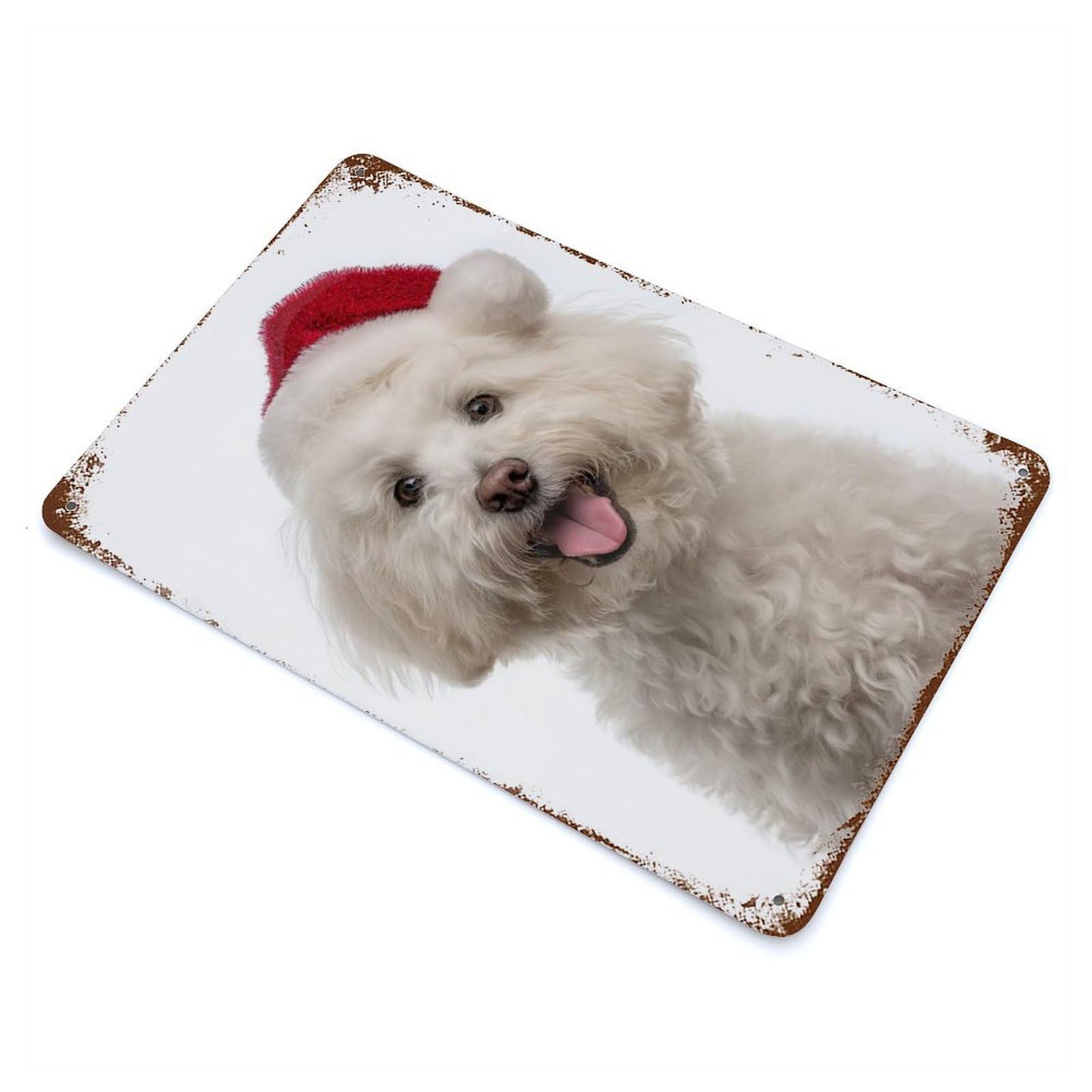Bichon Frise Dog with Santa Hat Portrait Vintage Rust Metal Sign 11.8"x7.9", for Basement, Hobby Room And Garage Decor, Farmhouse Wall Decor