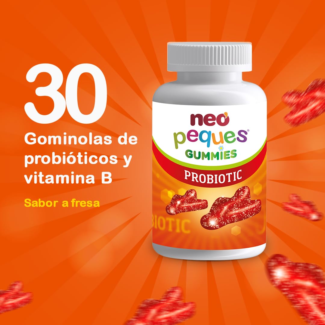 NEO PEQUES | Gummies Probiotic | 30 Gominolas | Beneficiosas para el Sistema Digestivo y las Defensas | Con Probióticos y Vitaminas del Grupo B | Caramelos Masticables para Niños | Sabor Fresa