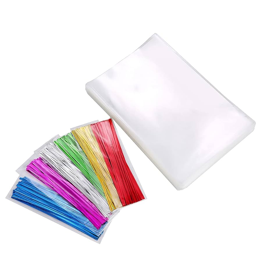 ＊クリアフラットセロハン200枚入 ランダムな色のツイストタイ付き クリアフラットセロハン200枚入 ランダムな色のツイストタイ付き