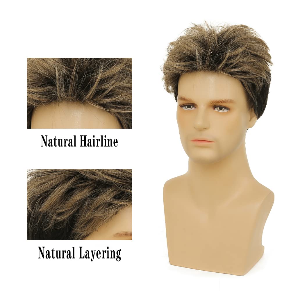 Blonde Mix Black Men Wigs Short Layered Wig for Male Guy Halloween Cosplay Party Costume Hair Synthetic Fiber Wig - Image 3