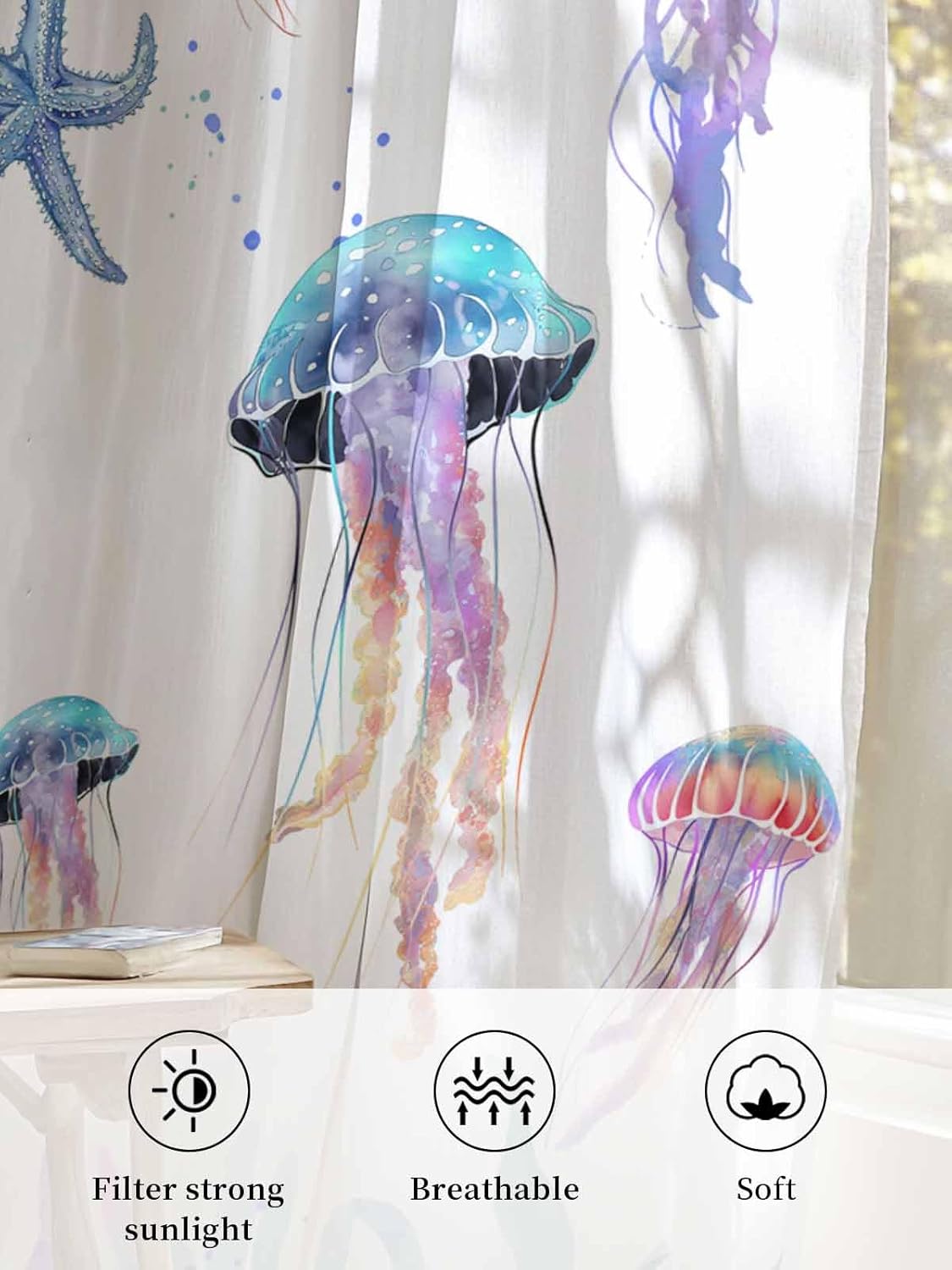 Semi Sheer Curtains 45In Length 2 Panels Set,Watercolor Jellyfish Starfish Seaweed Light Filtering Window Curtain,Coral Marine Life on White Privacy Drapes for Living Room Bedroom Windows Decor