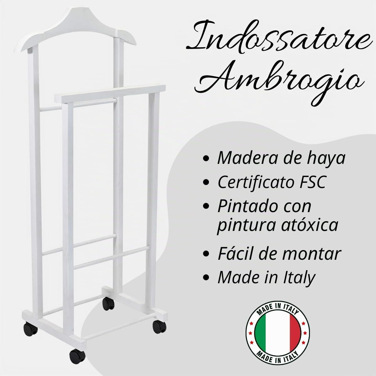 Tomaino - Galán de noche Ambrogio de madera de haya – Perchero de dormitorio multifuncional que ahorra espacio – Galán de dormitorio para ropa y accesorios – Blanco