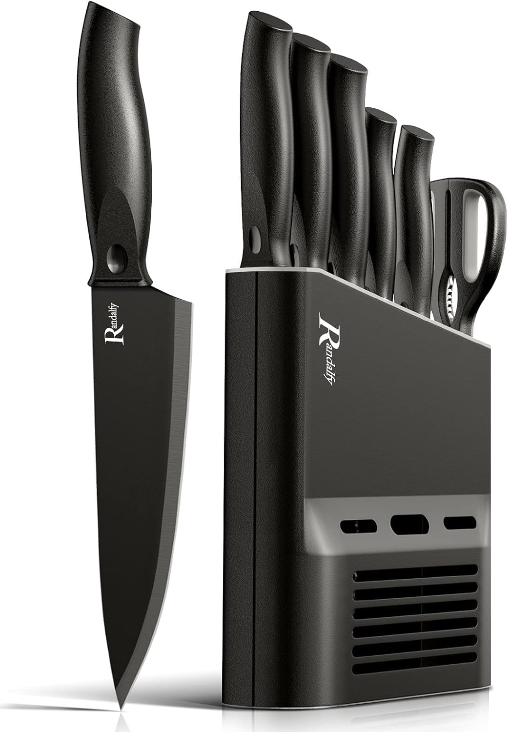Messerset mit Messerblock Set, 7-TLG Kochmesser Set mit Messer, Schere, Messerblock zum Hacken von Fleisch/Gemüse/Obst, das Scheiben, Würfeln Schneiden, Silber