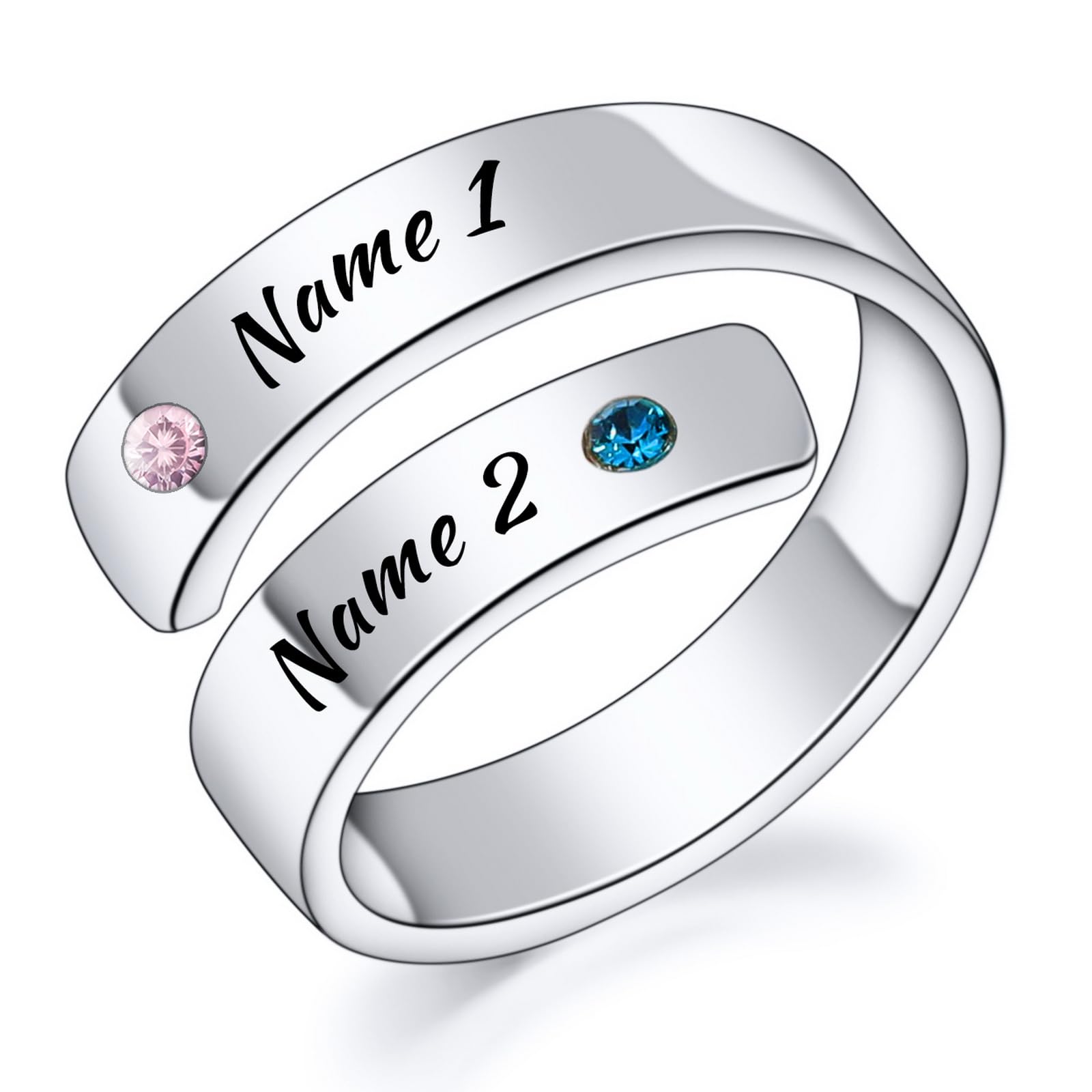 INBLUEPersonalizado 925 Anillo de Plata Esterlina Espiral Twist para Mujeres Grabado Nombre/Fecha con Piedras de Nacimiento Banda Abierta Ajustable Anillo de Promesa Regalo de Boda Compromiso