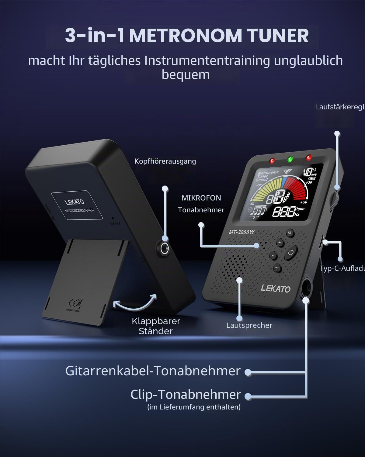 LEKATO Metronom Stimmgerät, Wiederaufladbares 3-in-1 Digital Metronom für Gitarre Bass Violine Ukulele, Vocal Count Option, Farb-LCD-Display Chromatisch Stimmgerät für alle Instrumente, Schwarz