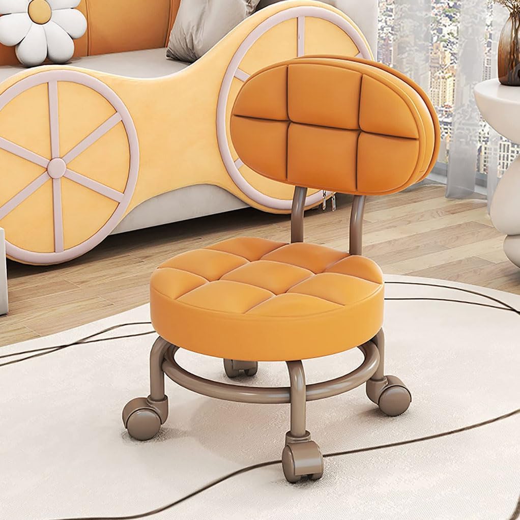 Low Roller Stool with 360° Swivel Wheels, Low-Height Short Rolling Stool Seat, PU Leather Small Mechanic Chair, Rolling Stools with Backrest for Pedicure, Garage, Shop, Library Yellow