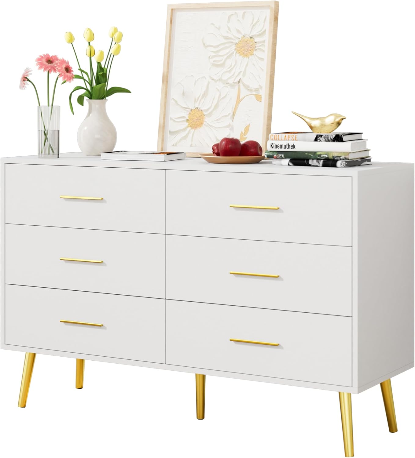 LYNSOM White 6 Drawer Dresser for Bedroom with Gold Handles, Modern Chest of Drawers, Wooden Dressers Organizer for TV Stand,Living Room, Hallway, Entryway