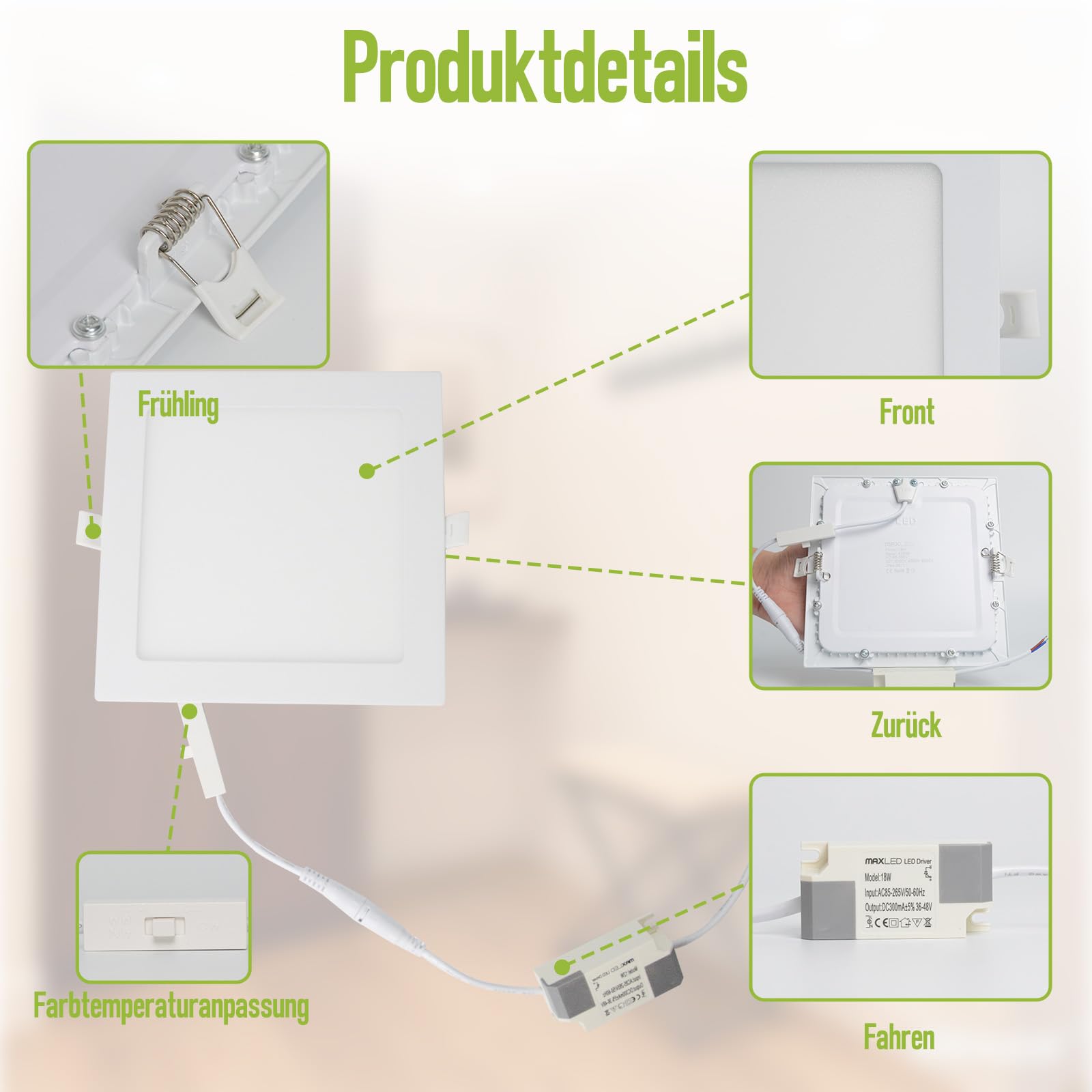18W LED Einbaustrahler 230V 225mm, 1440LM Spots Deckenleuchte Nicht Dimmbar 3000K-6000K Warmweiß Neutralweiß Kaltweiß Flach Deckenspots Einbauleuchten Lochmass 205mm Aluminium
