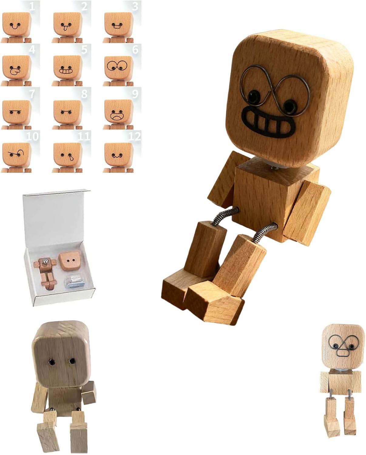 Shaking Feet Wooden Doll, Charming Little Handmade Shaking Wooden Man Figurine with 12PCS Magnetic Expressions, Car Dashboard Accessories, Funny Wood Desktop Decor, Portable Creative Gift (A)