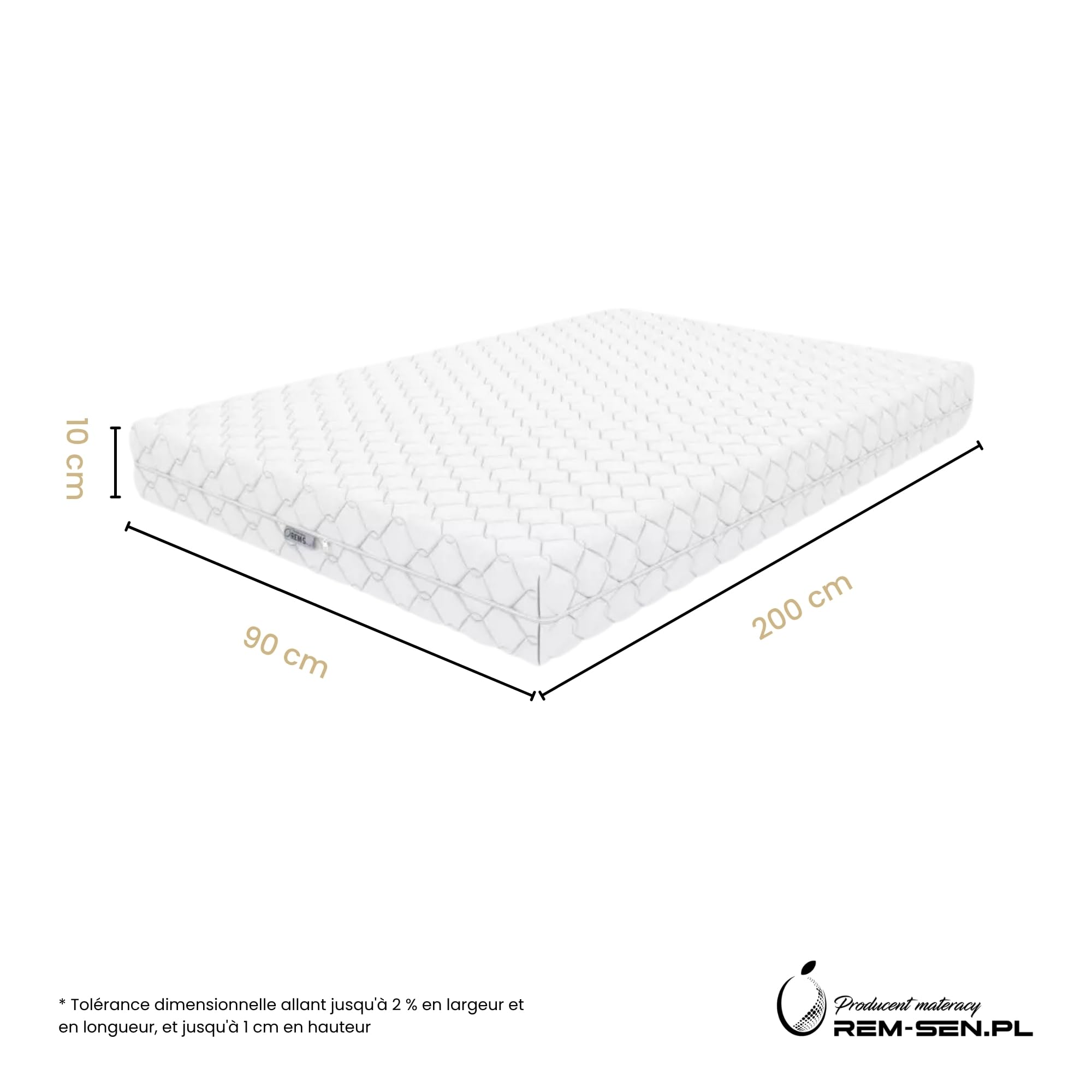 REM-Sen Matelas 90x200 cm, Épaisseur 10 cm, Mousse Polyuréthane H4 (Ferme), Housse Lavable Hypoallergénique, Lit Enfant et Adulte, Certifié Oeko-Tex