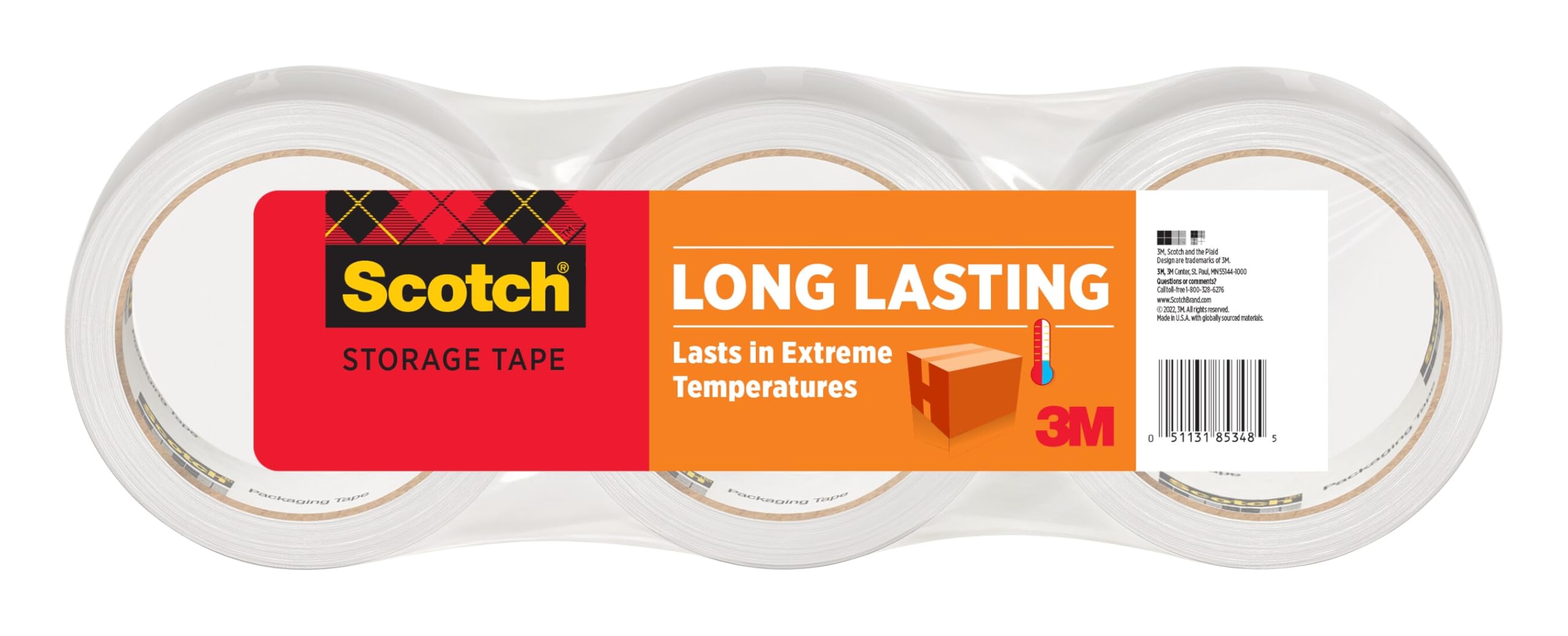 Scotch Long Lasting Storage Packing Tape, Clear, Storage Tape Withstands Extreme Temperatures, 1.88 in x 54.6 yd,3 Refill Tape Rolls