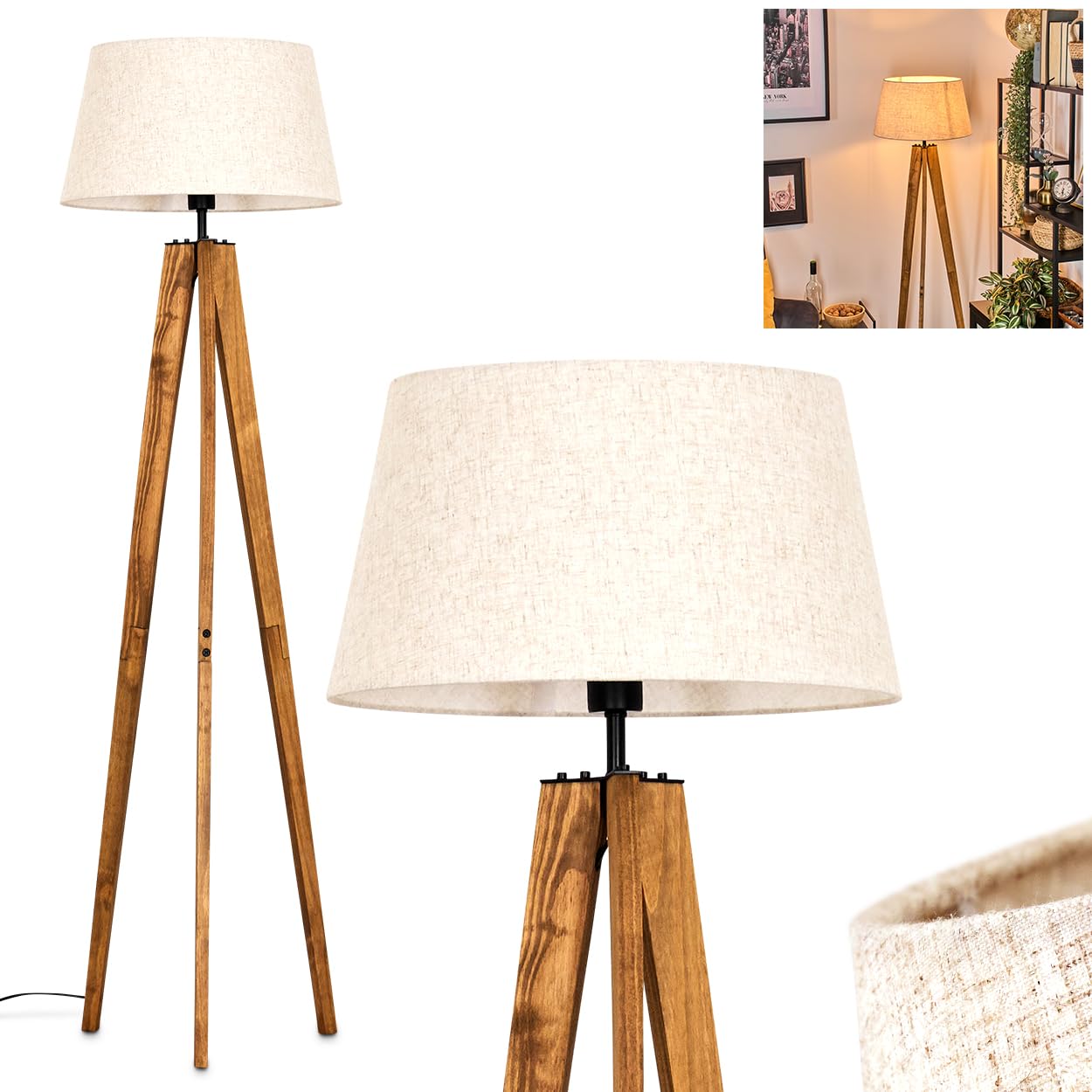 Lampada da terra Bassagoda, lampada da terra in legno/metallo/tessuto colori naturali/nero/beige, design scandinavo con paralume rotondo (Ø 45 cm) e interruttore a pedale, 159 cm, E27, senza lampadina