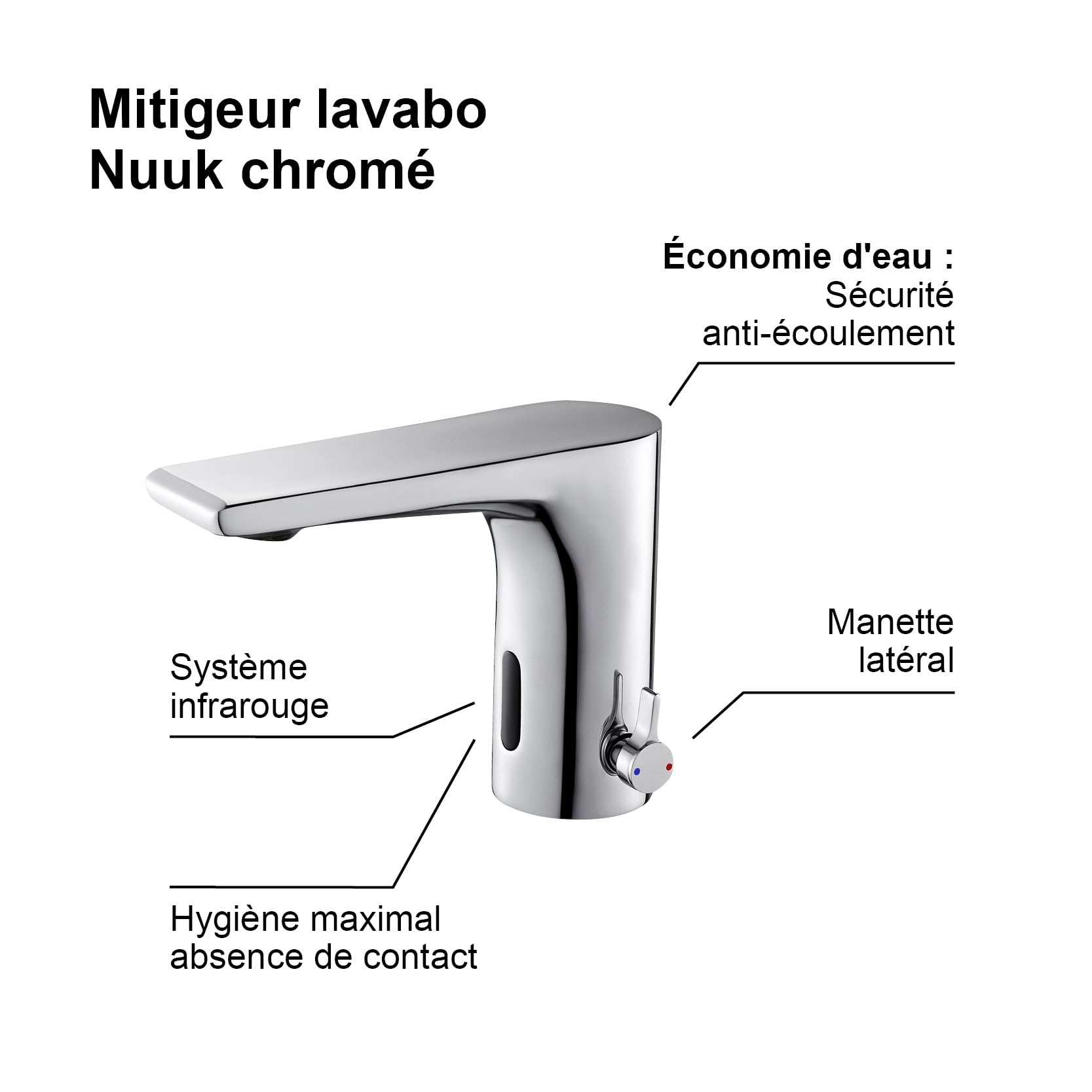 Edouard Rousseau NUUK bateria umywalkowa na podczerwień - automatyczny detektor - korpus z chromowanego mosiądzu - oszczędność wody - idealny PMR