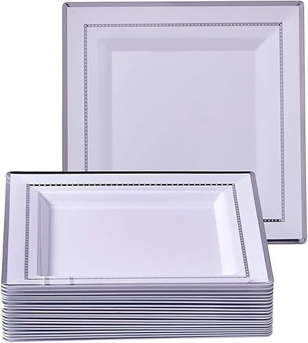Miniatura 6 de Juego de vajilla todo incluido  Diseño cuadrado  80 platos cargadores, 80 platos llanos y 80 platos laterales (plateado)