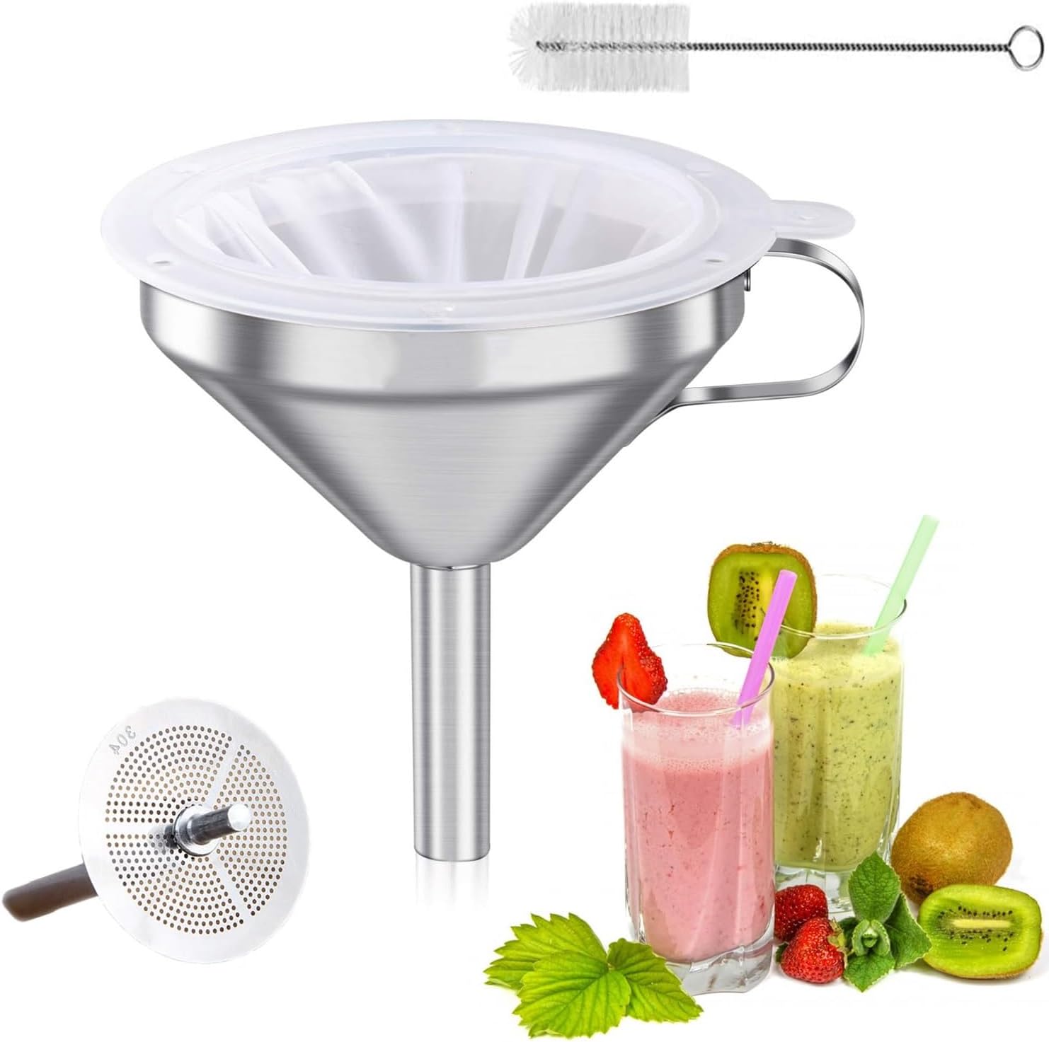 Kitchen Funnels 13cm Stainless Steel Funnel Set with Handle Filter Removable Strainer and Brush 200 Mesh Strainer for Jam Oils Juice Coffee Cooking Transferring Liquid