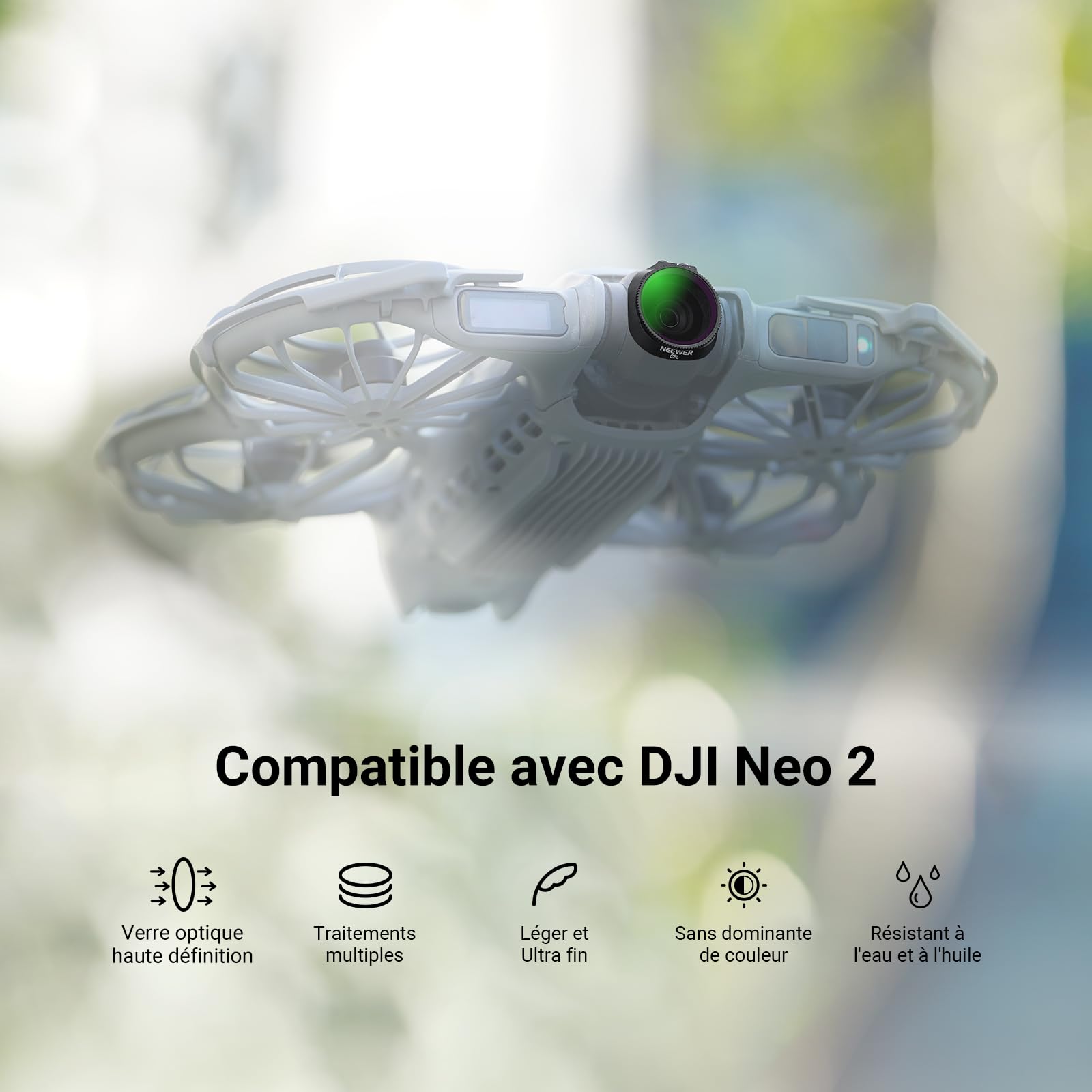 NEEWER CPL+ND Kit de Filtres Compatible Uniquement avec DJI Neo 2,Pack de 3,à Clipser,pour Objectif de Drone, Filtre Polarisant Circulaire à Densité Neutre (ND8/32), Verre HD Multicouche,FL-N72