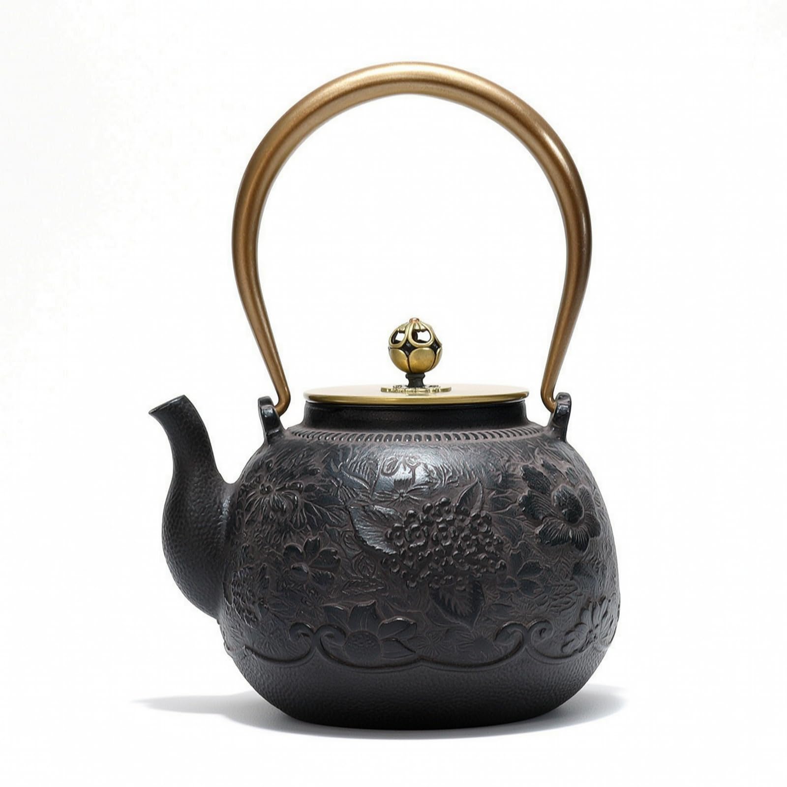 Tetera de Hierro Fundido Tetera Hervidor Jarra Caldera con Colador Interno y Acabado en Relieve Rústico Mango Arqueado y Control de Vertido Adecuada, Black, Chunsemanyuan