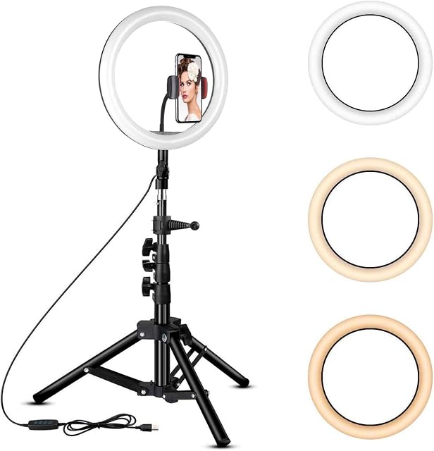 Rovtop 10 lumière de l'anneau de pouce avec trépied de support, LED, Support de téléphone pour Selfie Camera Photography Makeup Video Live Streaming