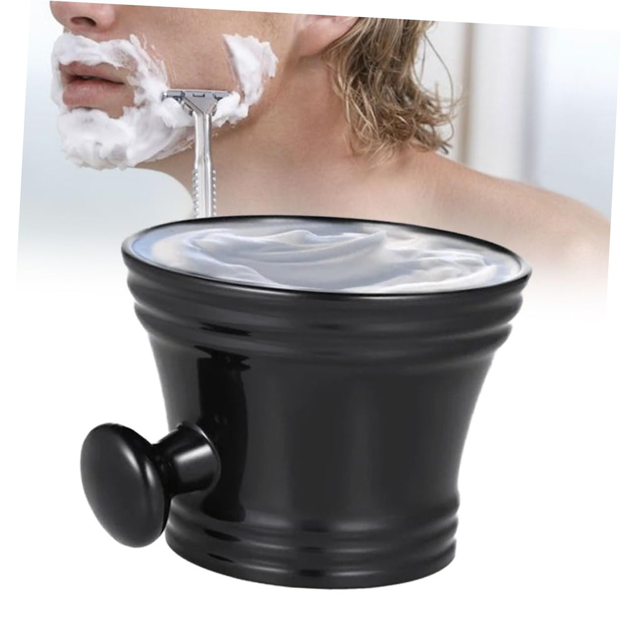 NOLITOY Shaving Bowl with Soap Cup Plastic Round Men's Shaving Mug Black Comfortable Handle
