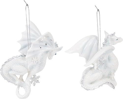 Miniatura 2 de Kurt Adler - Juego de 2 adornos de dragón de copo de nieve plateado y blanco, 4.5 pulgadas