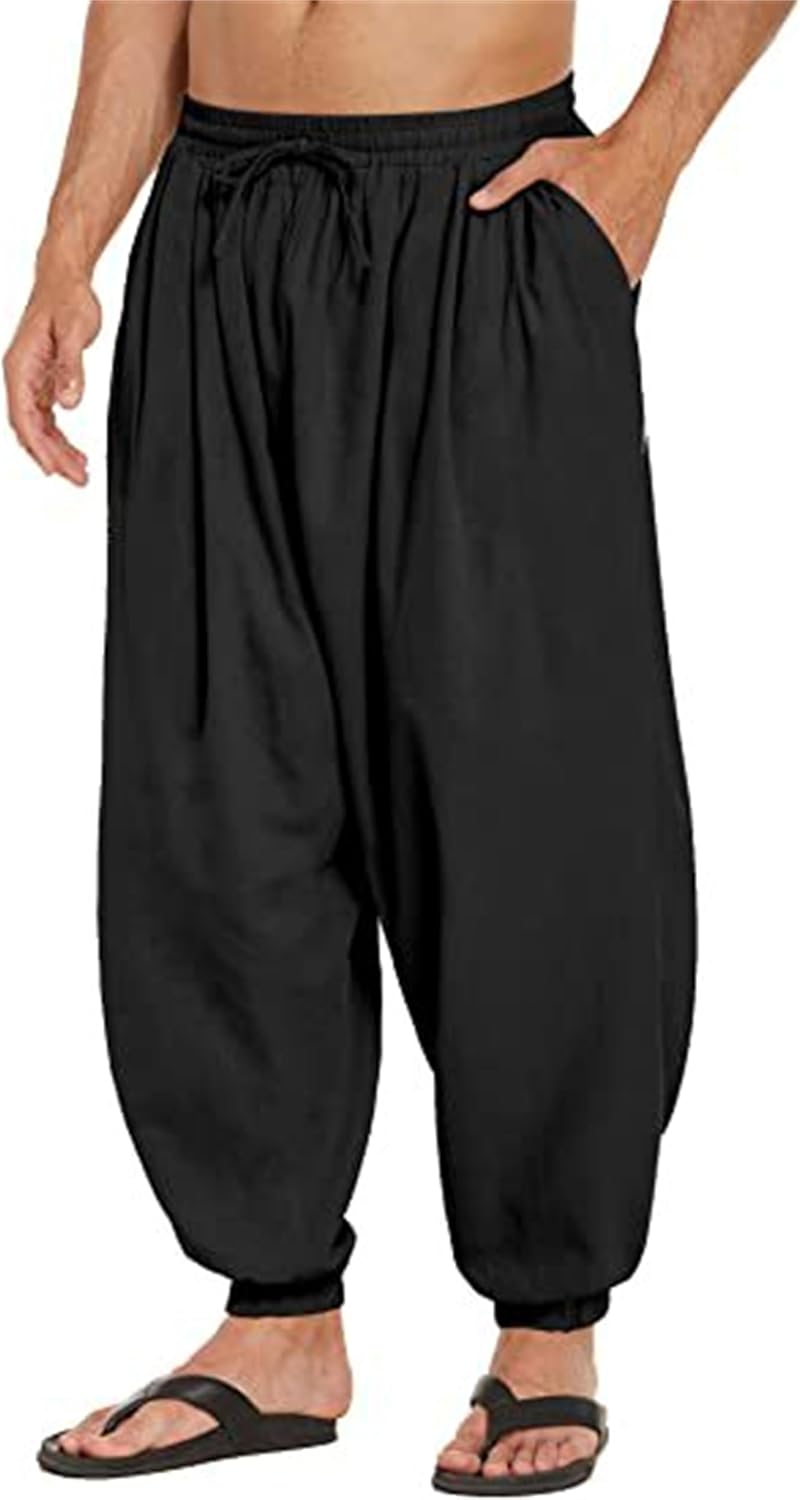 Men's Cotton Linen Harem Pants Casual Elastic Drawstring Waist Loose Pants Stretchy Hippie Yoga Beach Summer Trousers