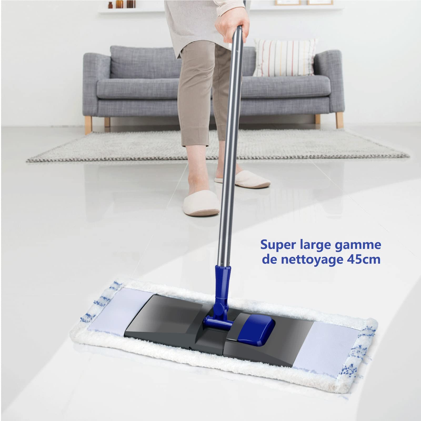 MASTERTOP Fregona Largo de Microfibra Giratoria 360° Mopa Plana de Chenille para Limpieza de Suelo Seco y Húmedo con 4 Cabezales Trapeador Grande con Palo Acero Inoxidable para Hogar y Cocina