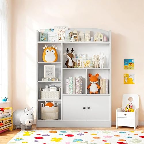 Miniatura 7 de White Kids Bookshelf, Kids Bookcase with 7 Cubbies and 2 Cabinets, Freestanding Book Storage Shelves for Bedroom, Playroom, Hallway, 35.4" W x 48" H