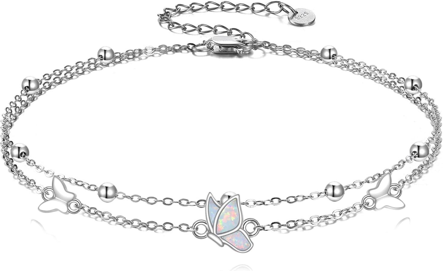 Butterfly Anklet Bracelet 925 Sterling Silver Opal Layered Anklet Bracelet Butterfly Jewelry for Women Mom