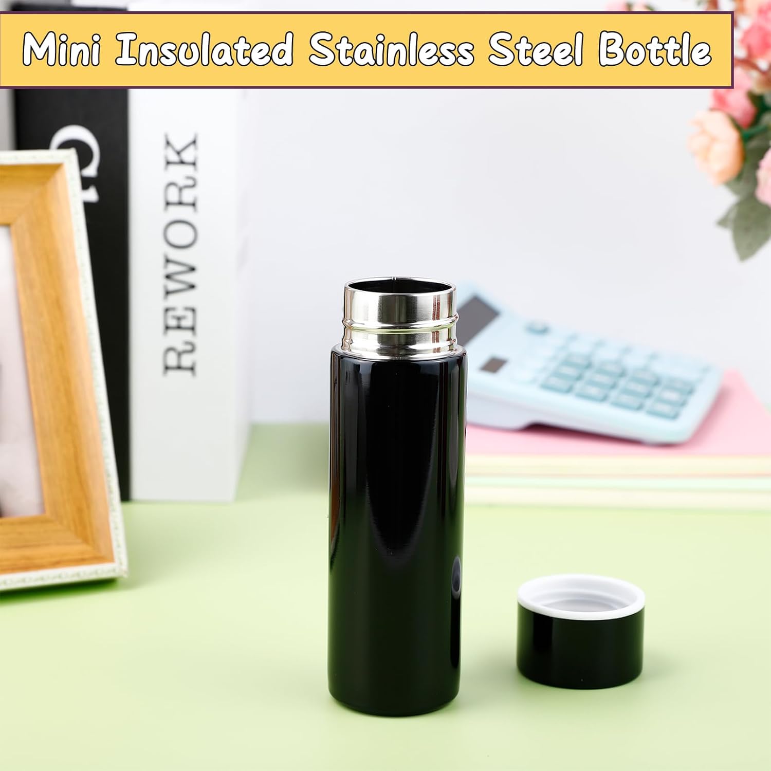 4.4 oz Mini Water Bottles,Small Insulated Stainless Steel Bottle,Portable Small Insulated Water Bottle,Leak Proof Flask Keeps Drink Cold and Hot, for Purse or Lunch Bag (Black,4 Pack) - Image 5