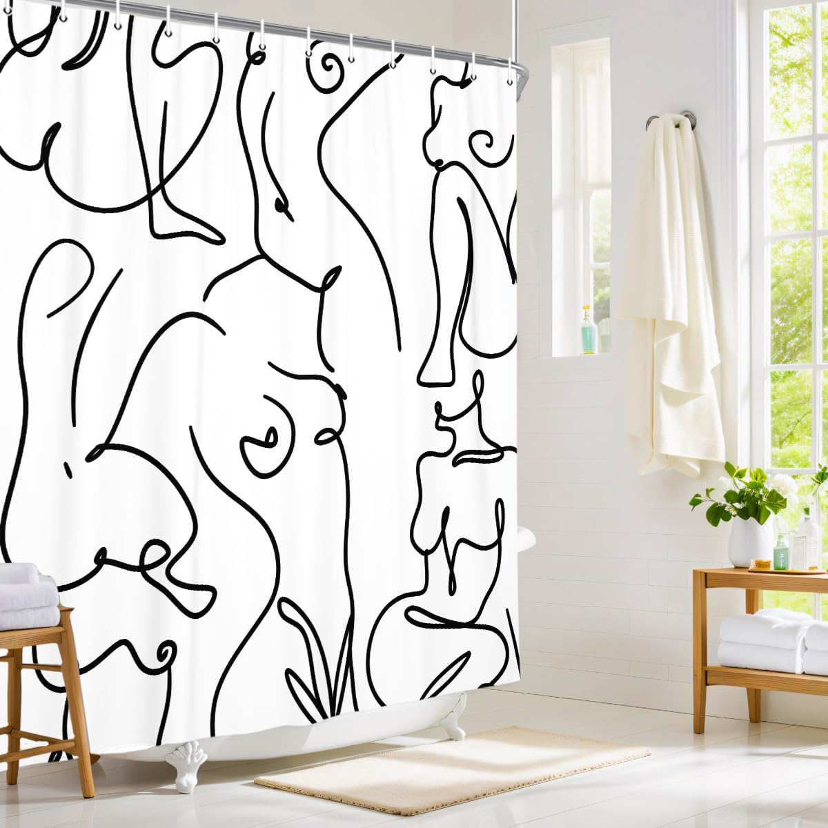 Nude Adults Shower Curtain, Black and White Abstract Line Minimalist Nordic Style Modern Shower Curtain Sets, Boho Retro Simple Contemporary Female Silhouettes Bathroom Curtain, 69X78 Inch With Hooks