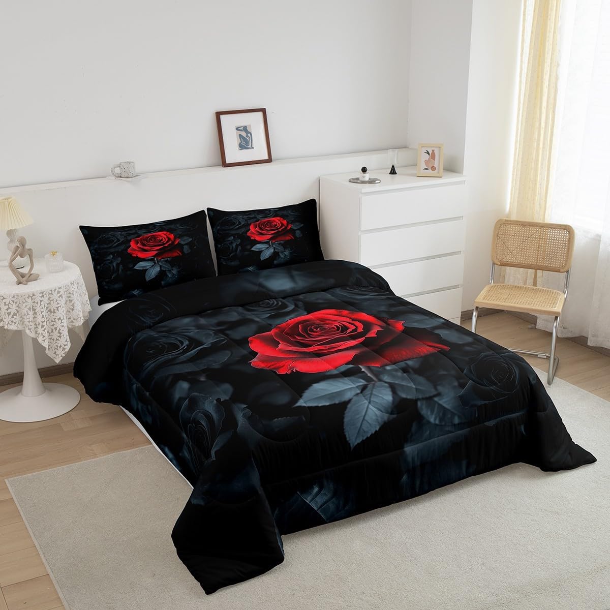 Feelyou Red Black Rose Comforter Set Queen Size Rose Floral Flower Comforter Garden Flower Bedding Set Romantic Valentine's Day Duvet Set Room Decor3Pcs with 2 Pillow Case