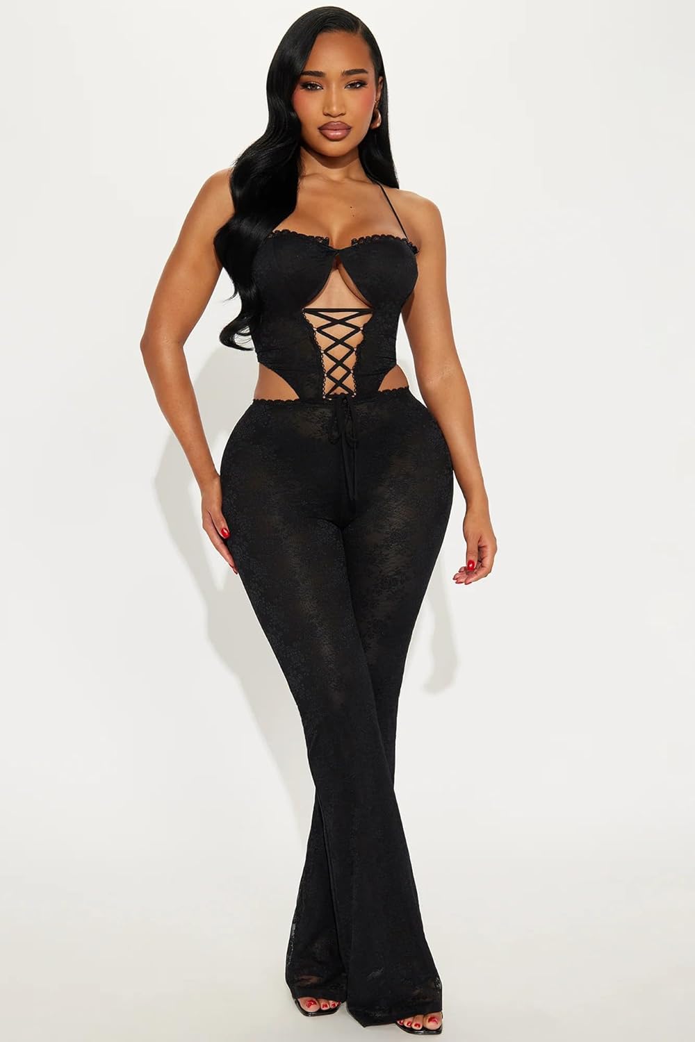 Sexy Jumpsuits for Women Lace Tie Back Halter Hollow out Rompers Trendy Stretchy Club Outfits - Image 5