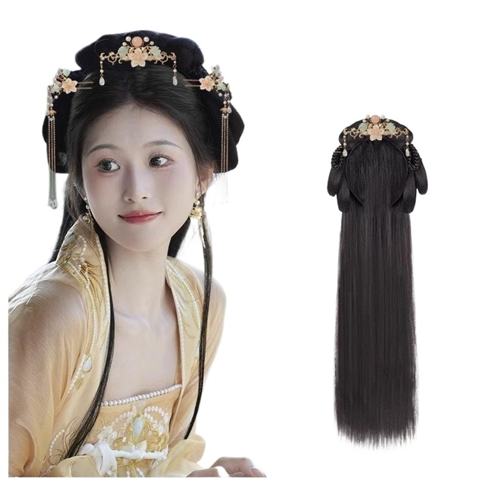 DYLJixin Retro Chinese Vintage Wig for Women Headband Retro Headwear Wigs Bun Hair Pieces Hanfu Cosplay (Size : Wig+headwear2)